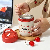 Boîte à lunch isotherme en acier inoxydable 316 à motif cerise, tasses à petit-déjeuner/avoine, cuillère pliable, pour étudiants et employés de bureau