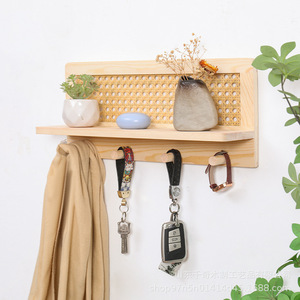 Solid Wood Rattan Storage Rack <b>Wall</b> <b>Mounted</b> Key Holder With <b>Shelf</b> For Entryway Decor Natural Color Rectangle Shape - Product Image 1