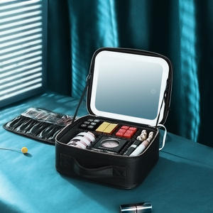 Bolsa de maquillaje personalizada con espejo y luz LED, estuche cosmético portátil de gran capacidad, cierre de cremallera de color sólido, asa suave - Product Image 1