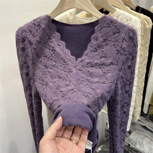 Camiseta de Malla Ajustada para Mujer, Otoño-Invierno, Forro de Piel Sintética, Capa Base de Franela con Cuello en V de Encaje, Mangas Abullonadas, Capa Interior Gruesa - Product Image 3