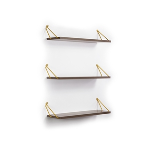 Floating Wall <b>Shelf</b> Walnut Yellow Metal Bracket Triple <b>Shelf</b> For Books Decorative Wall Mounted <b>Rack</b> - Product Image 2