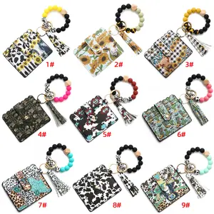 2023 New Arrival Western Cow Wallet With Wristlet Bangle Silicone Bead Sunflower PU Tassel Card Holder Leather Keychain