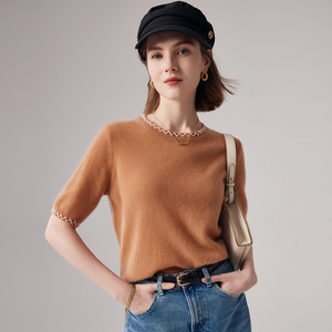 Women's Casual Solid Color 100% <strong>Cashmere</strong> Short Sleeve Pullover Sweater Spring Season Base Shirt Knit Tops
