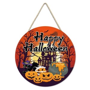Letrero Redondo de Madera para Colgar en la Puerta de Halloween, Decoración de Halloween con Letras Impresas, Calabaza Espeluznante, Gato Negro, Bruja, Decoración de Pared - Product Image 2