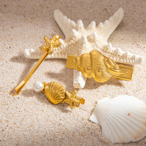 Pinza para el pelo de estilo europeo-americano con concha de oro de 18K, serie Océano, con perlas y diseño de una sola pieza, accesorio para el cabello transfronterizo - Product Image 1