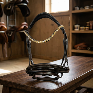 Brida para Caballo de Cuero Negro Crystal Honey Savannah Snaffle con Diadema de Cristal Transparente Dorado de 9 mm y Acolchado Suave Negro - Product Image 2