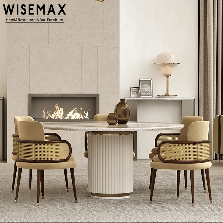 WISEMAX เฟอร์นิเจอร์หรูหราห้องรับประทานอาหารขาไม้เก้าอี้กำมะหยี่ที่นั่งเดี่ยวหวาย-การออกแบบตกแต่งเก้าอี้