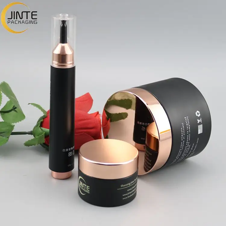 Emballage cosmétique noir de luxe Bouteilles de seringue de 15ml avec pompe Crème Lotion Pot Set Eye Serum Face Cream Container