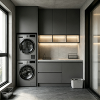 Meuble de buanderie moderne en MDF sur mesure, colonne lave-linge/sèche-linge, dissimule les appareils, sans poignées, évier, comptoir, étagère ouverte, pour appartement et hôtel