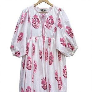 Robe longue trapèze décontractée en velours côtelé imprimé à la main, écologique, 100 % coton, avec pompons, pour femme - Product Image 1