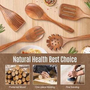 Set di 5 Utensili da Cucina in Legno con Impugnatura Confortevole, Set di Spatole in Teak Naturale Liscio per Cucinare a Casa - Product Image 2