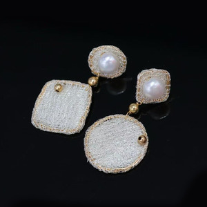 Handmade Italian Wire Lace Dangle <b>Earrings</b>,14K Gold Filled Natural Freshwater Pearl Geometric Square Round <b>Drop</b> <b>Earrings</b> women - Product Image 1