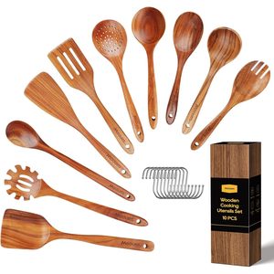 Mooues 1 pièce, cuillères de cuisine en bois de teck naturel, sans BPA, finition lisse, ustensiles de cuisine, antiadhésifs, résistants à la chaleur, AC-02 - Product Image 1