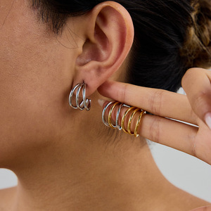 <b>Huggie</b> Earrings Geometric Design Gold And <b>Silver</b> Color Stainless Steel Stud Earrings For Women Fashion Jewelry Gift - Product Image 2