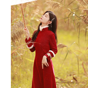 Mujer <span class=keywords><strong>Qipao</strong></span> vestido tostado nupcial vino rojo vestidos señoras con terciopelo grueso calor vestido <span class=keywords><strong>de</strong></span> noche largo Cheongsam para niñas mujeres - Product Image 4