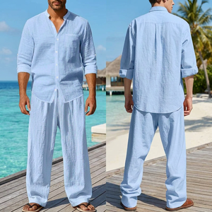 Completo da uomo in <span class=keywords><strong>lino</strong></span>: camicia e pantaloni, 95% <span class=keywords><strong>lino</strong></span> 5% poliestere, lavaggio effetto sabbia, anti-piega, a maniche lunghe, casual, per la spiaggia - Product Image 3