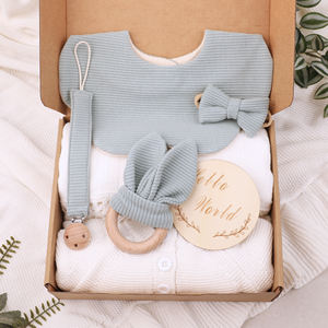 Ensemble cadeau pour nouveau-né, ensemble de douche, couverture à pompons, chaîne de sucette, bavoir, vêtements pour bébé, hochet lapin, coffret cadeau de <span class=keywords><strong>naissance</strong></span> - Product Image 1