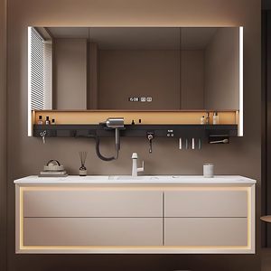 Mueble de Baño Blanco Estilo Crema, Montado en la Pared, con Cuatro Cajones, Lavabo Integrado sin Juntas y Espejo LED Inteligente Antivaho - Product Image 1