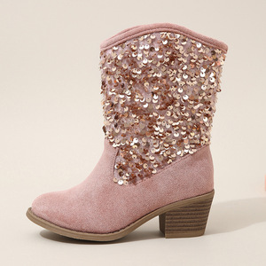 รองเท้าบูทเด็กผู้หญิงแบบลำลองสไตล์อัศวิน ประดับเลื่อม หนังกลับ สองชิ้น  แบบเพิ่มความสูงปานกลาง ส้นสูง  รองเท้าบูทเด็กผู้หญิงทรงคาวบูท - Product Image 4