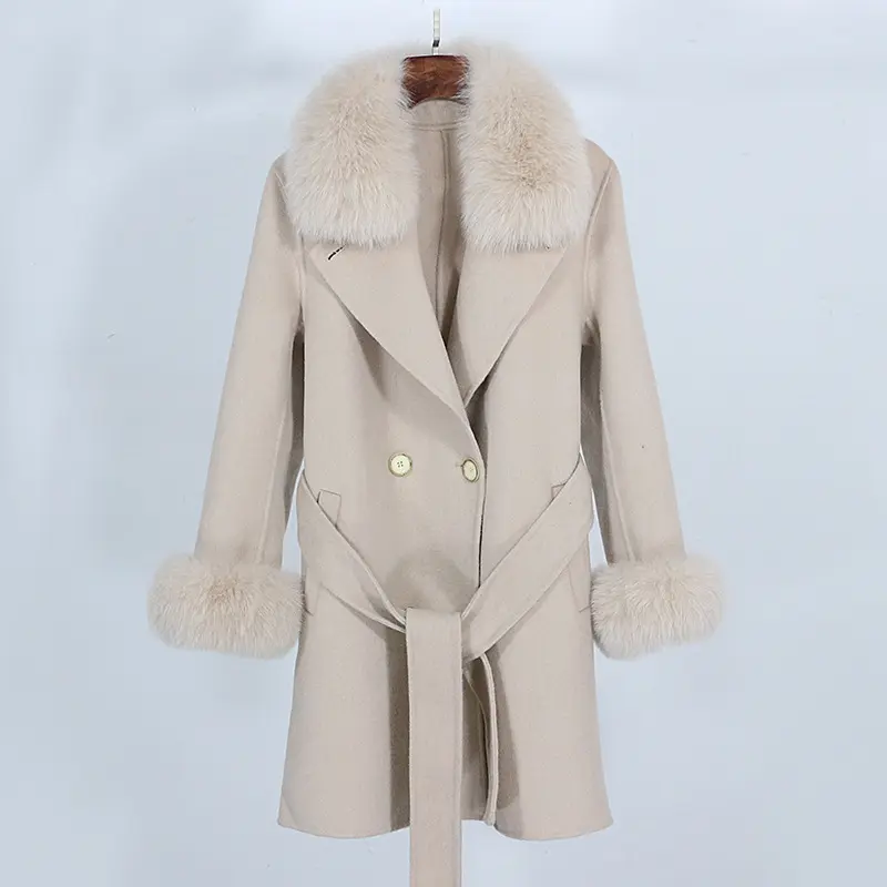 Fox wool collar cashmere coat women's double breasted medium long wool coat
