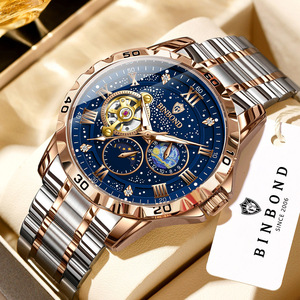 Binbond Men's Automatic Mechanical Watch Tourbillon Moon Phase Stainless Steel Bracelet 50m Waterproof Luminous Wristwatch - Product Image 1