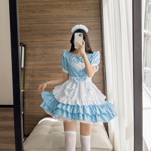 Japanese Style Maid Outfit Blue Lolita Dress Ruffled Neckline A-Line Chiffon Women's Sweater Dress - Product Image 2