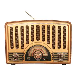 R-1927BT Rádio retrô vintage multi banda de madeira real recarregável com mp3 player e fenda para lâmpada alto-falante com dentes azuis