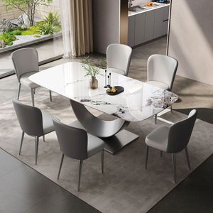 Set <span class=keywords><strong>Tavolo</strong></span> da Pranzo Moderno con Piano in Pietra Sinterizzata <span class=keywords><strong>Bianca</strong></span> e Base in Acciaio Inox Spazzolato <span class=keywords><strong>Nero</strong></span> per Casa e Hotel - Product Image 2