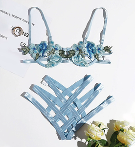 ชุดชั้นในลูกไม้เซ็กซี่แบบเปิดลายฉลุสีฟ้าอ่อนปักลายดอกไม้แบบสองชิ้นขายส่งแบบใหม่ - Product Image 1