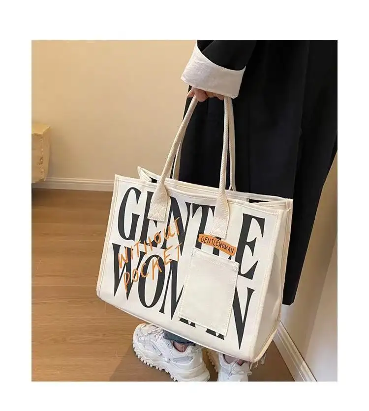 Low MOQ Stock Large Capacity 2023 Hot Sale Gentle Woman Shoulder Bag Shopping Bag Canvas Tote Letter Bag