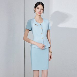 Women's Short Sleeve Suit Set Elegant O Neck Satin Summer Workwear For Beauty Salon Skincare Professionals - Product Image 1