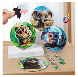 Boys Girls Birthday Christmas <b>Gift</b> Idea Toys Unique Round Shaped Magnetic Wooden Jigsaw Animal Puzzles - Product Image 1