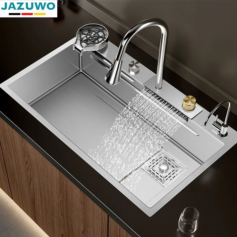 Tiktok trends stainless steel All in one kitchen sink with pull down faucet waterfall kitchen faucet with kitchen drain