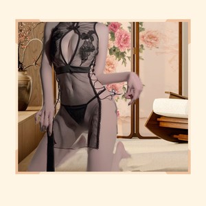 Lencería Cheongsam de Malla Transparente Golden Shuttle Weaving Fun, Ropa Interior Sexy de Estilo Chino en Color Negro para Mujer, Verano 2025 - Product Image 2