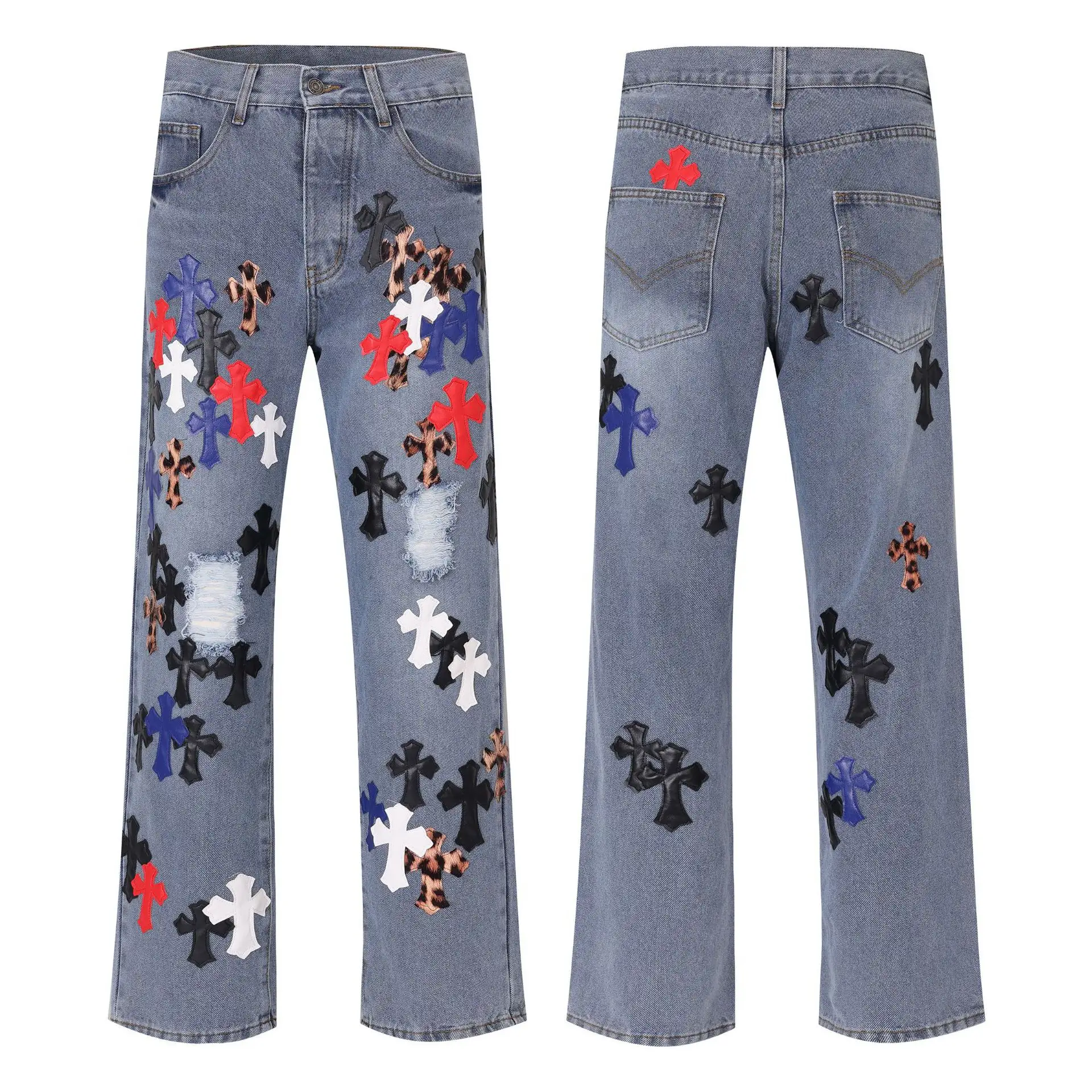 Amerikaanse High Street Lederen Patchwork Gescheurde Custom Denim Broek Mannen Denim Jeans Man Heren Jeans