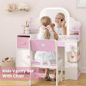 Ensemble table et chaise de maquillage multifonctionnel pour enfants, pour chambre à coucher, petite table de maquillage pour <span class=keywords><strong>filles</strong></span> et bureau d'étude avec miroir LED - Product Image 1