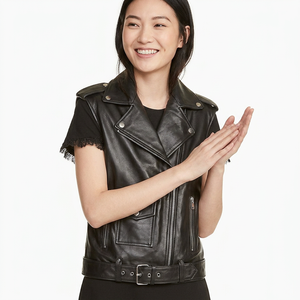 Veste sans manches en cuir véritable noir asymétrique pour femme, style motard, col à revers, ceinture à la taille, streetwear, vêtements d'extérieur tendance - Product Image 4