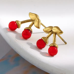 Pendientes de tuerca de cereza de acero inoxidable chapados en oro para mujer, joyería de moda <span class=keywords><strong>E476</strong></span> - Product Image 1