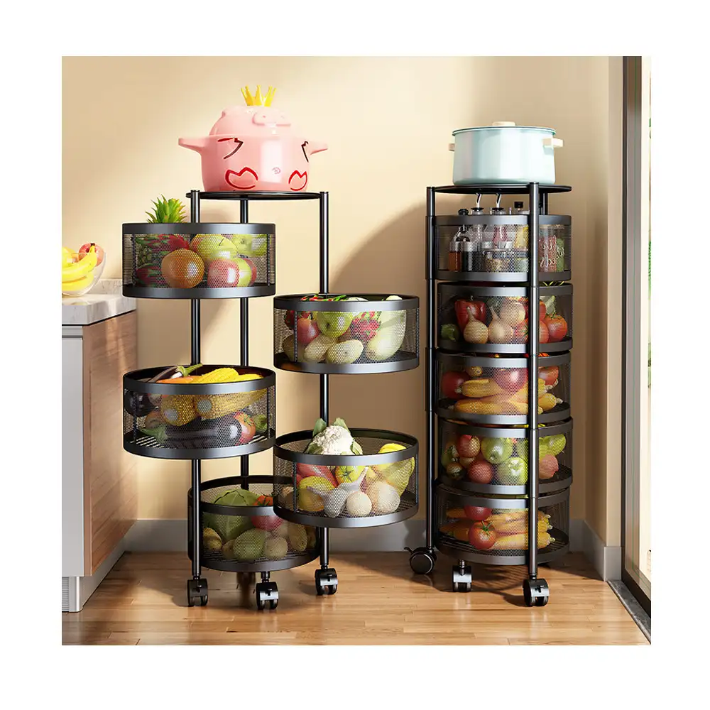 Dropshipping 360 degree rotating kitchen shelf for fruit vegetable floor multi-layer household storage rack round trolley