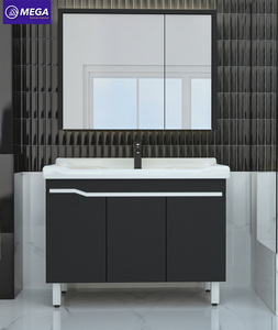 Ensemble de meuble-lavabo moderne noir sur pied avec miroir et vasque en céramique blanche pour rangement de salle de bain - Vente en gros usine - Product Image 1