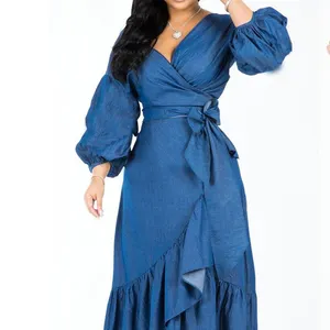 YiXin OEMODMカジュアルドレスフリルランタンスリーブVネック不規則なデザイン裾デザインレディースドレス2022デニムドレス女性