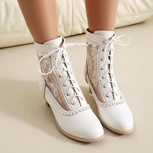 Mode Vintage femmes victorienne bottines à lacets bottes côté fermeture éclair bloc talon épais chaussons - Product Image 4