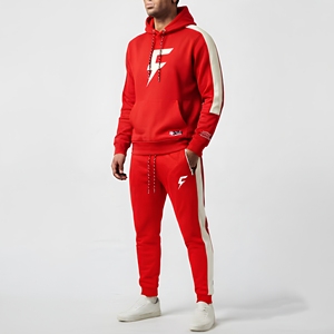 Men Cotton Fleece Hooded Jogging <b>Suit</b> <b>Red</b> White Side Stripe Eco-Friendly Sweatpants Tracksuit OEM Custom Logo - Product Image 1