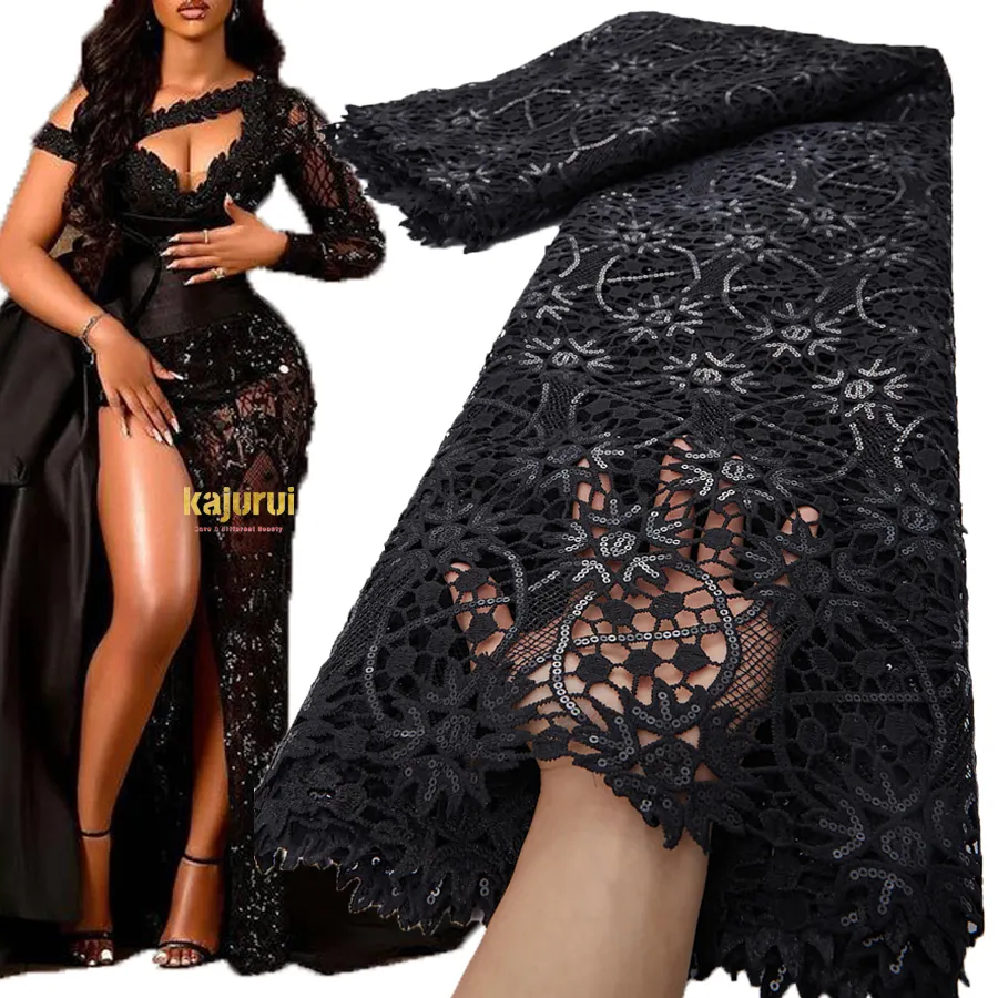 Black Guipure Lace Fabric Nigeria Quality African Lace Fabric Colorful Water Soluble Lace Fabric Dress Material 0000