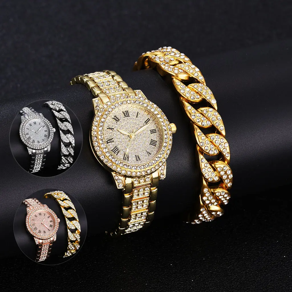 2023 Hip Hop Luxury Bling Iced Out Cuban Chain Bracelet Watch Wrist 18K Gold Plated Diamond Quartz Watch and Bracelet set women