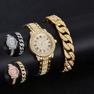 2023 Hip Hop Luxus Bling Iced Out kubanische Kette Armband Uhr Handgelenk 18 Karat vergoldet Diamant Quarz Uhr und Armband Set Frauen