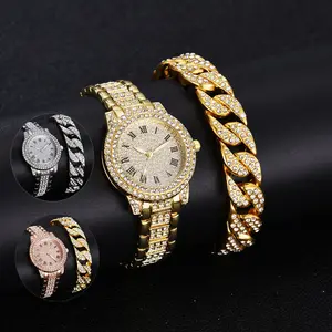2023 Hip Hop Luxury Bling Iced Out Cuban Chain Bracelet <strong>Watch</strong> Wrist 18K <strong>Gold</strong> Plated Diamond Quartz <strong>Watch</strong> and Bracelet <strong>Set</strong> Women - Product Image 1