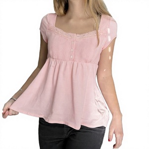 Camiseta de punto para mujer, color rosa, cuello cuadrado, manga corta, con ribete de encaje, estilo dulce, holgada, informal, para primavera y verano - Product Image 2