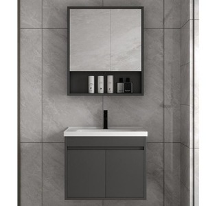 Mueble de baño suspendido en la pared, color gris, de 112 cm, con lavabo de cerámica y espejo. - Product Image 4
