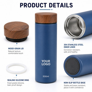 Bouteille d'eau isotherme en acier inoxydable 500 ml avec logo personnalisé, couvercle effet bois, double paroi, gourde de sport, cadeau d'entreprise - Product Image 4